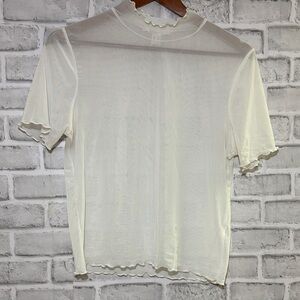 Revamped Sheer Cream Short Sleeve Top, scalloped curl trim, size XL